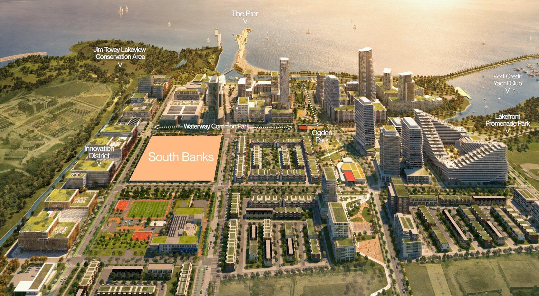 Aerial rendering of Lakeview Village showing South Banks beside Waterway Common Park, the Innovation District and the Pier